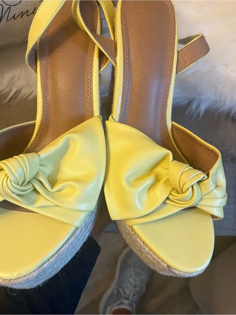 Yellow soft leather Knot Espadrille Wedge Sandals with Ankle Strap - Women